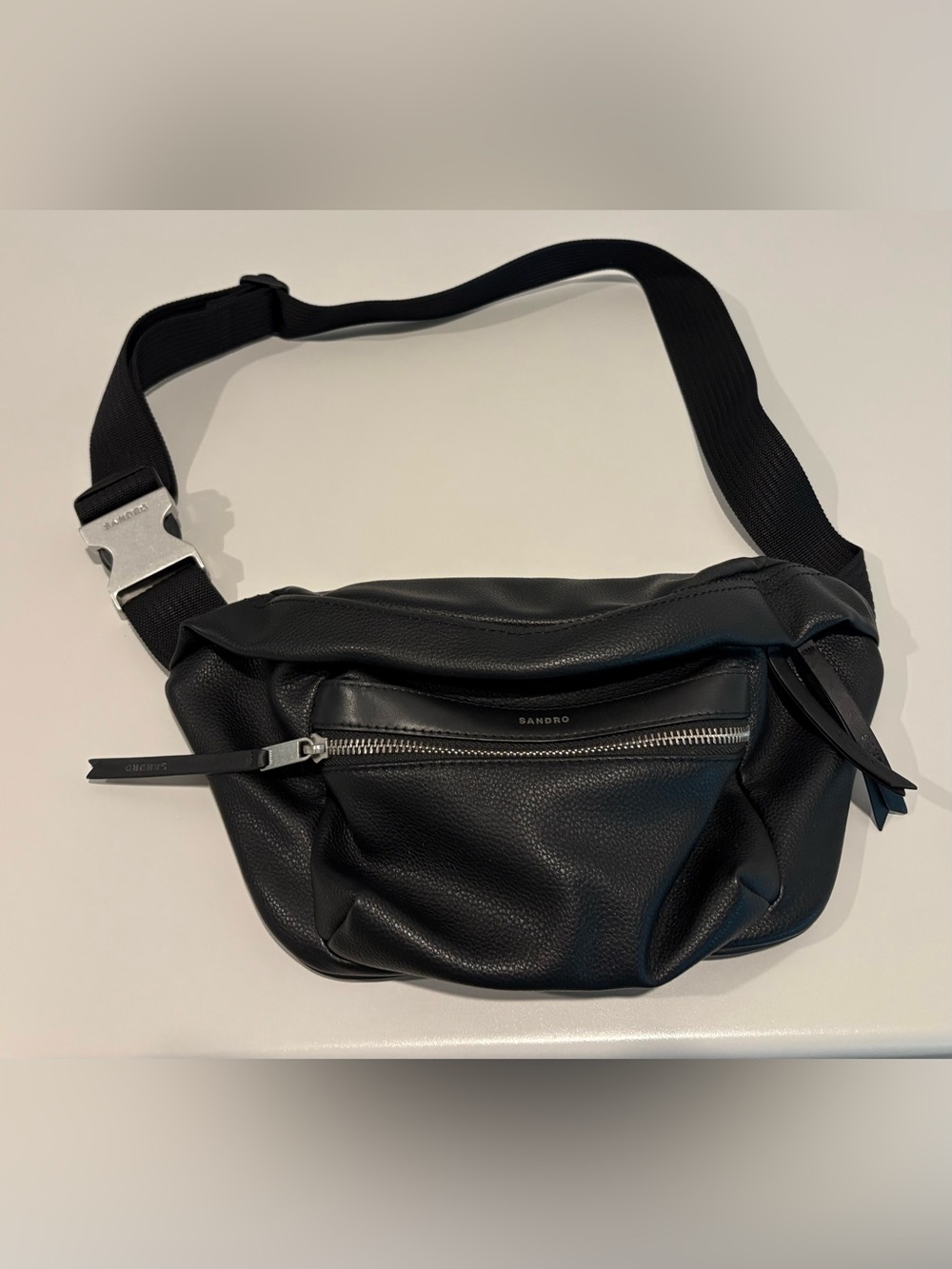 Sandro Black Pebbled Leather Belt Bag with Silver Zip